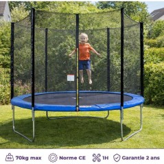 Trampoline KANGUI - BLEU Ø 244-250 cm – Enfant – Filet de sécurité – Certification CE & NF EN 71–14