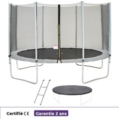 Trampoline KANGUI - GRIS Ø 360-365 cm – Enfant – Échelle & Bâche – Certification CE & NF EN 71–14