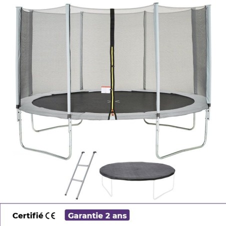 Trampoline KANGUI - GRIS Ø 360-365 cm – Enfant – Échelle & Bâche – Certification CE & NF EN 71–14
