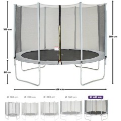 Trampoline KANGUI - GRIS Ø 426-430 cm – Enfant – Échelle & Bâche – Certification CE & NF EN 71–14