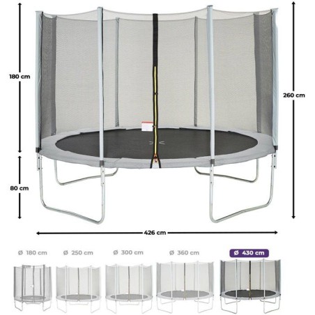 Trampoline KANGUI - GRIS Ø 426-430 cm – Enfant – Échelle & Bâche – Certification CE & NF EN 71–14