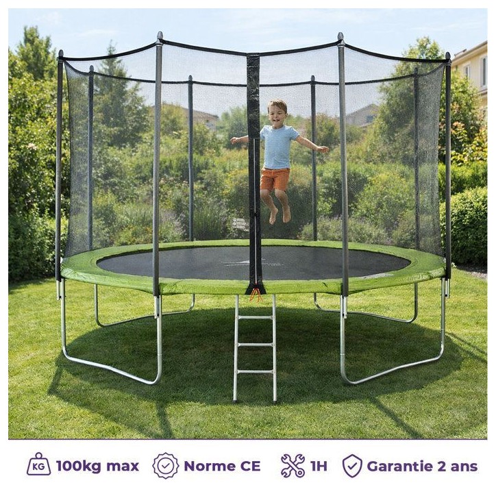 KANGUI Trampoline TWIN Ø 430cm - Vert - avec filet, échelle, couverture de protection KANGUI Trampoline TWIN Ø 430cm - Vert - avec filet, échelle, couverture de protection