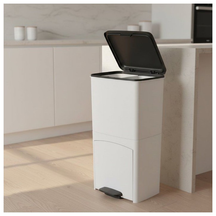 Poubelle de cuisine tri sélectif 70L - PICEA - Double compartiment vertical - Blanc - KITCHEN MOVE Poubelle de cuisine tri sélectif 70L - PICEA - Double compartiment vertical - Blanc - KITCHEN MOVE