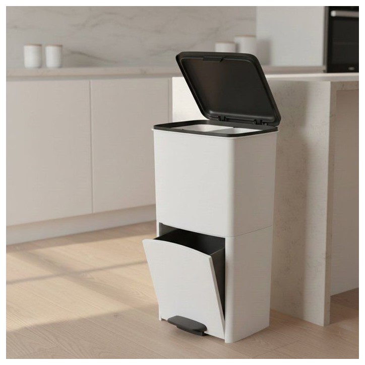 Poubelle de cuisine tri sélectif 70L - PICEA - Double compartiment vertical - Blanc - KITCHEN MOVE Poubelle de cuisine tri sélectif 70L - PICEA - Double compartiment vertical - Blanc - KITCHEN MOVE
