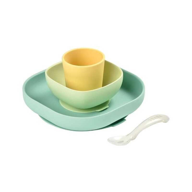 BEABA Set vaisselle silicone repas bébé, 4 pieces, avec ventouse, an