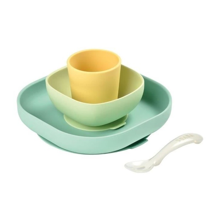 BEABA Set vaisselle silicone repas bébé, 4 pieces, avec ventouse, anti-dérapant, jaune BEABA Set vaisselle silicone repas bébé, 4 pieces, avec ventouse, anti-dérapant, jaune