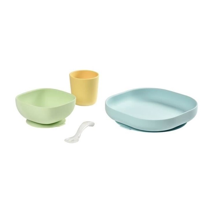 BEABA Set vaisselle silicone repas bébé, 4 pieces, avec ventouse, anti-dérapant, jaune BEABA Set vaisselle silicone repas bébé, 4 pieces, avec ventouse, anti-dérapant, jaune