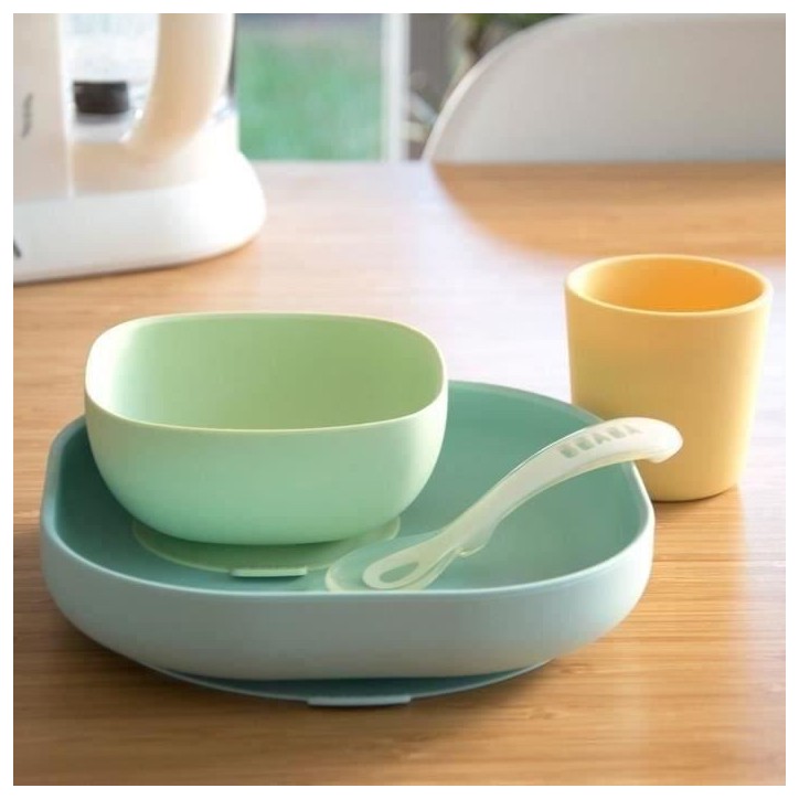 BEABA Set vaisselle silicone repas bébé, 4 pieces, avec ventouse, anti-dérapant, jaune BEABA Set vaisselle silicone repas bébé, 4 pieces, avec ventouse, anti-dérapant, jaune