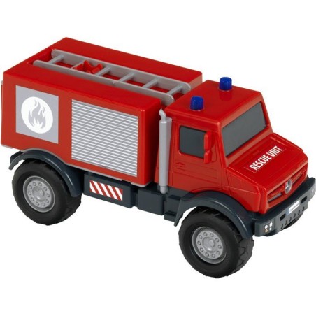 Camion de pompier tout-terrain - KLEIN - 3600 - Mercedes Unimog - Roues souples et hayon arriere ouvrable - Échelle 1:24 - Des