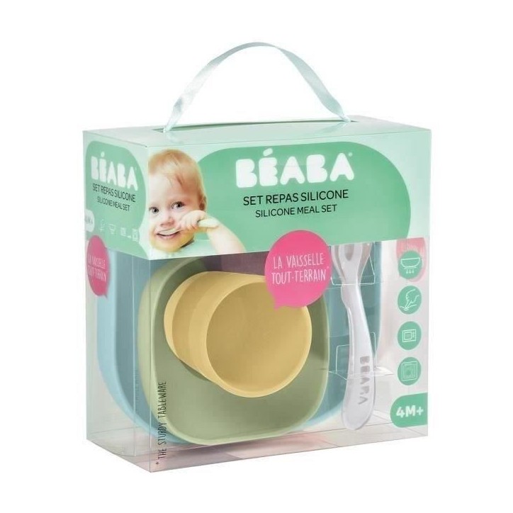 BEABA Set vaisselle silicone repas bébé, 4 pieces, avec ventouse, anti-dérapant, jaune BEABA Set vaisselle silicone repas bébé, 4 pieces, avec ventouse, anti-dérapant, jaune