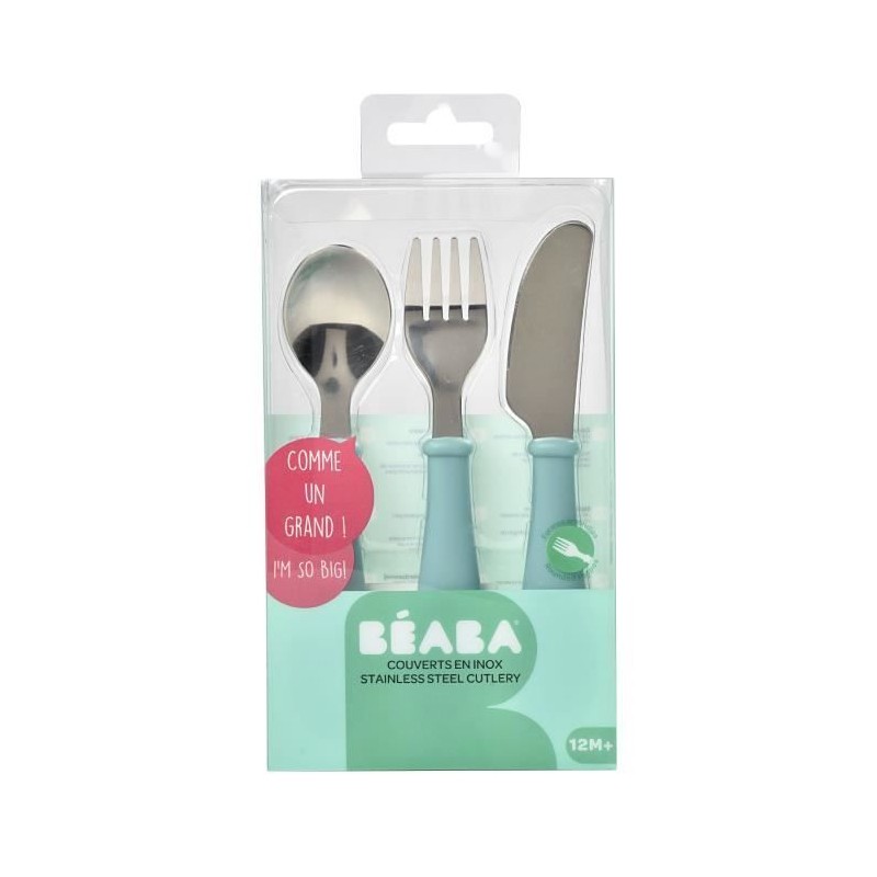 BEABA, Set de 3 couverts inox airy green BEABA, Set de 3 couverts inox airy green