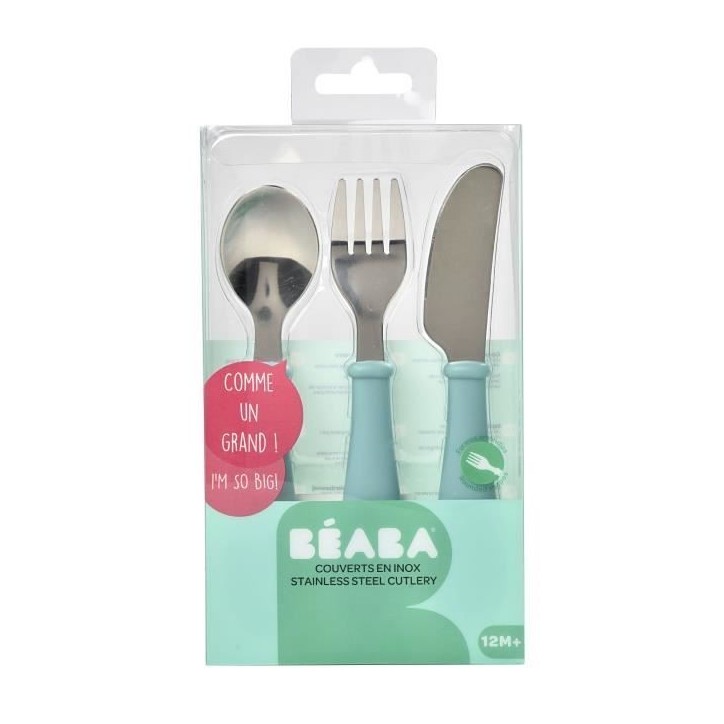 BEABA, Set de 3 couverts inox airy green BEABA, Set de 3 couverts inox airy green