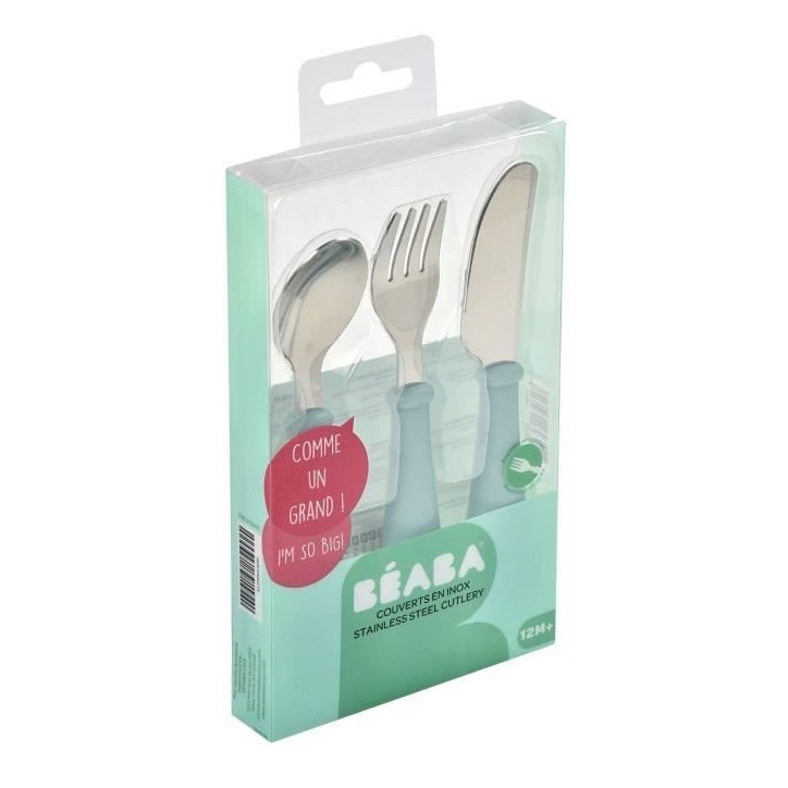 BEABA, Set de 3 couverts inox airy green BEABA, Set de 3 couverts inox airy green