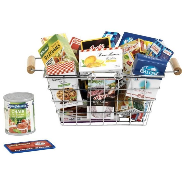 Jouet d'épicerie - KLEIN - Panier a provisions en métal garni de boîtes - Garni de boîtes d'aliments factices. Jouet d'épicerie - KLEIN - Panier a provisions en métal garni de boîtes - Garni de boîtes d'aliments factices.