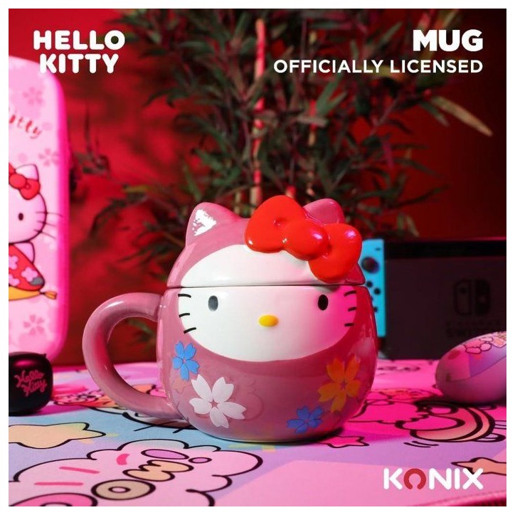 Tasse en céramique - Konix - Hello Kitty - Mug 3D - 320 ml - Motif Daruma - Rose