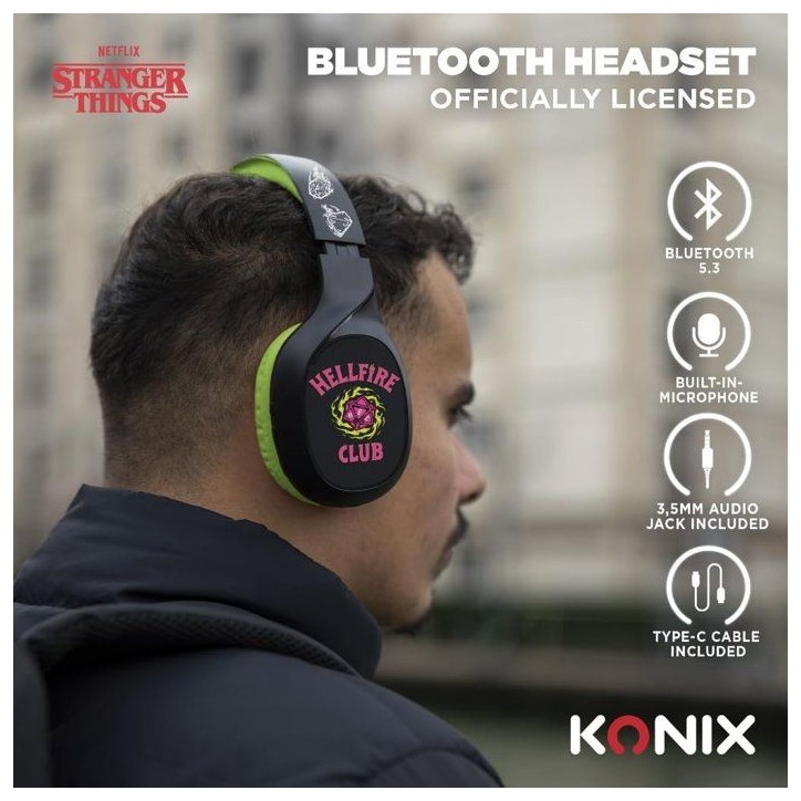 Casque audio - Sans fil - Konix - Stranger Things - Bluetooth 5.3 smartphones, tablettes - Microphone - Autonomie 30 h - Noir/ja Casque audio - Sans fil - Konix - Stranger Things - Bluetooth 5.3 smartphones, tablettes - Microphone - Autonomie 30 h - Noir/ja