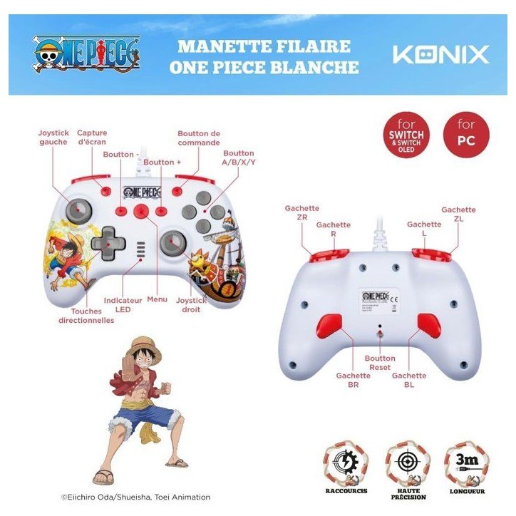 Manette de jeu - Nintendo Switch, Switch 2 et PC - One Piece - Filaire - Blanc - Fonction vibration - Câble 3 m - Luffy - Konix Manette de jeu - Nintendo Switch, Switch 2 et PC - One Piece - Filaire - Blanc - Fonction vibration - Câble 3 m - Luffy - Konix