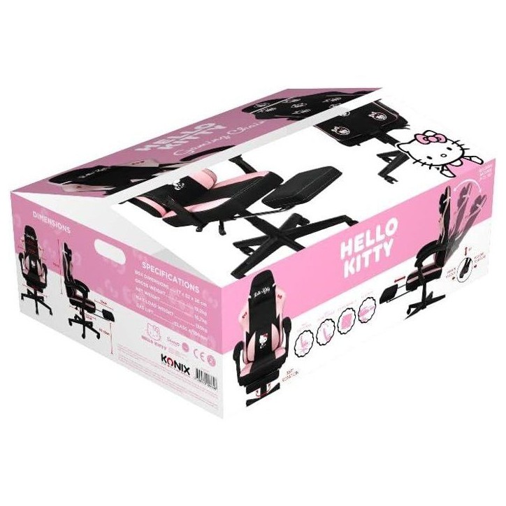 Chaise de Bureau Gaming - KONIX - Hello Kitty - Inclinaison siege 150° - Revetement Tissu - Coussin - Repose-pieds - Noir et ro Chaise de Bureau Gaming - KONIX - Hello Kitty - Inclinaison siege 150° - Revetement Tissu - Coussin - Repose-pieds - Noir et ro