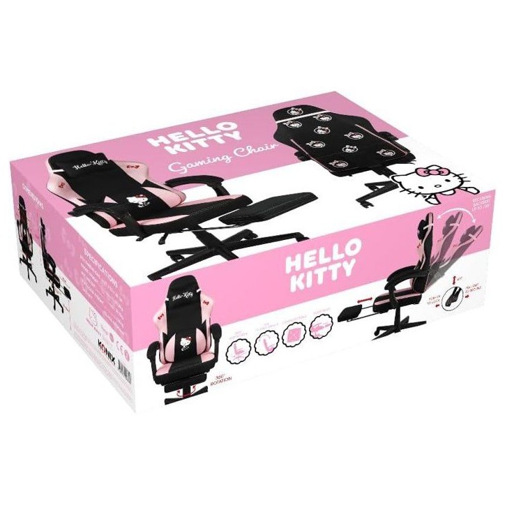 Chaise de Bureau Gaming - KONIX - Hello Kitty - Inclinaison siege 150° - Revetement Tissu - Coussin - Repose-pieds - Noir et ro Chaise de Bureau Gaming - KONIX - Hello Kitty - Inclinaison siege 150° - Revetement Tissu - Coussin - Repose-pieds - Noir et ro