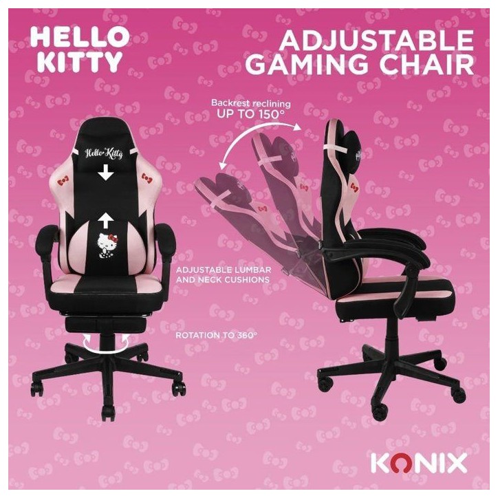 Chaise de Bureau Gaming - KONIX - Hello Kitty - Inclinaison siege 150° - Revetement Tissu - Coussin - Repose-pieds - Noir et ro Chaise de Bureau Gaming - KONIX - Hello Kitty - Inclinaison siege 150° - Revetement Tissu - Coussin - Repose-pieds - Noir et ro