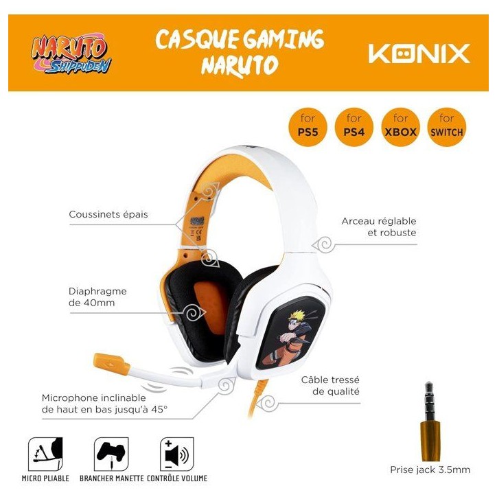 Casque gaming - Filaire - PS4, PS5, Switch, Xbox One et Series X|S - Konix - Naruto Shippuden - Microphone - Câble 1,5 m - Naru