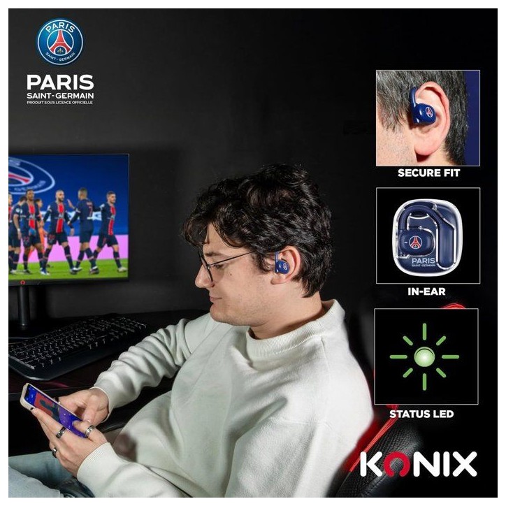 Écouteurs oreillette sport - Sans fil - Konix - PSG - Haut-parleurs 16,2 mm - Portée 10 m - Autonomie 12 h - Bluetooth 5.3 - B Écouteurs oreillette sport - Sans fil - Konix - PSG - Haut-parleurs 16,2 mm - Portée 10 m - Autonomie 12 h - Bluetooth 5.3 - B
