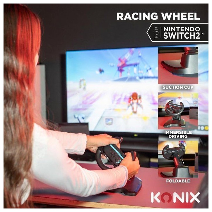 Volant Racing Wheel - Manette Joy-Con Nintendo Switch 2 - Konix - Compatible Mario Kart World - Fixation ventouse - Noir