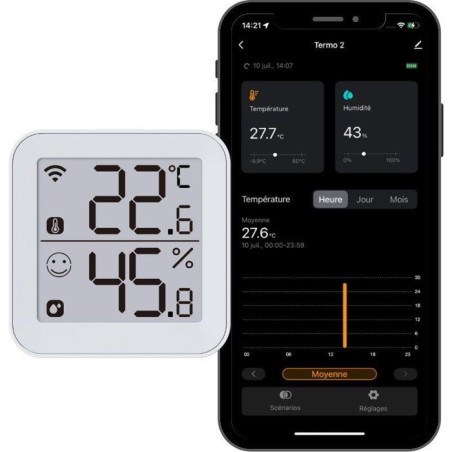 Thermometre et Hygrometre - KONYKS - Termo 2 - Intérieur - Détecteur de température + humidité - Wifi - Grand écran - Blanc