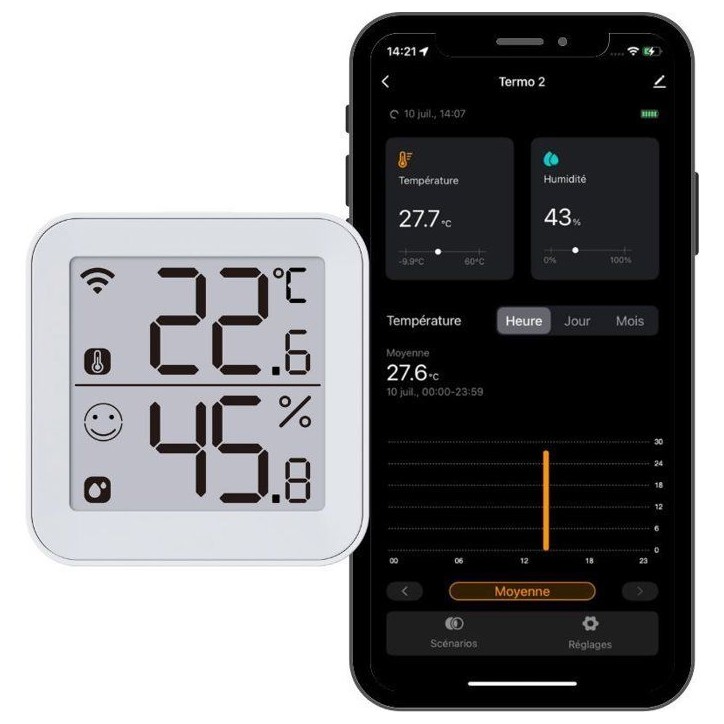 Thermometre et Hygrometre - KONYKS - Termo 2 - Intérieur - Détecteur de température + humidité - Wifi - Grand écran - Blanc