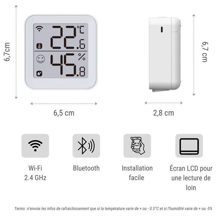 Thermometre et Hygrometre - KONYKS - Termo 2 - Intérieur - Détecteur de température + humidité - Wifi - Grand écran - Blanc