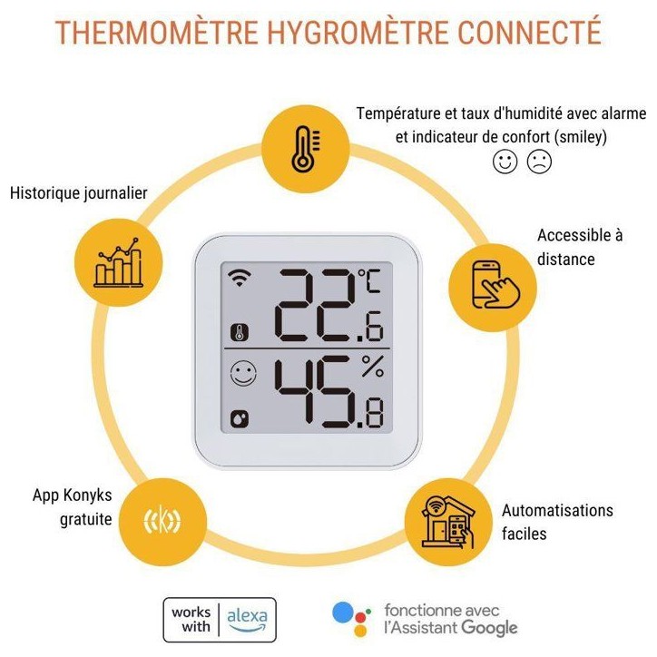 Thermometre et Hygrometre - KONYKS - Termo 2 - Intérieur - Détecteur de température + humidité - Wifi - Grand écran - Blanc