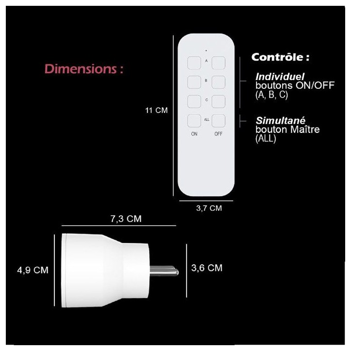 Lot 3 prises intérieur télécommandées - KYF - 2300W - Inclus télécommande