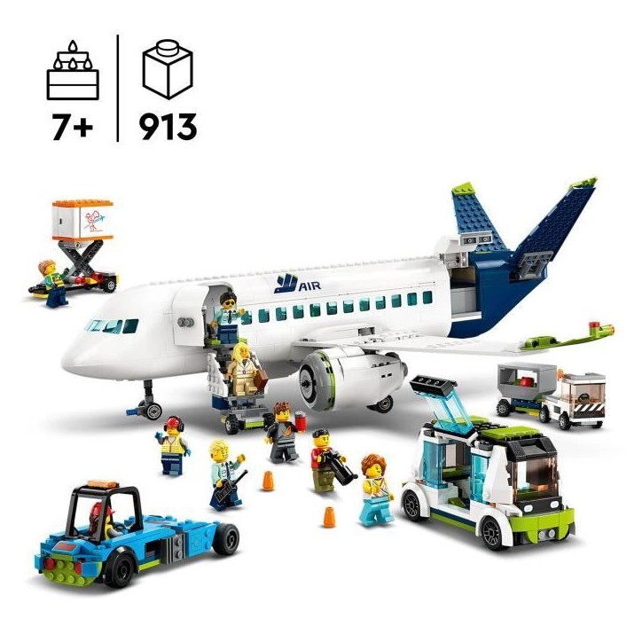 LEGO City 60367 L'Avion de Ligne, Jouet avec Bus de l'Aéroport, Remorqueur, Camion a Bagages et 9 Minifigurines
