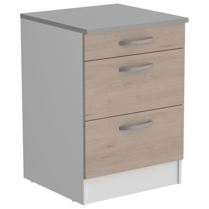 OSLO Meuble Bas 3 tiroirs + plan - Décor Chene Jackson - L 60 x P 60 x H 86 cm