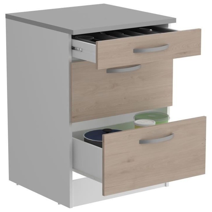 OSLO Meuble Bas 3 tiroirs + plan - Décor Chene Jackson - L 60 x P 60 x H 86 cm