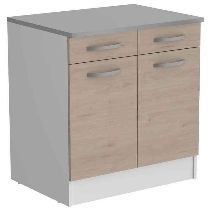 OSLO Meuble Bas 2 portes 2 tiroirs + plan - Décor Chene Jackson - L 80 x P 60 x H 86 cm