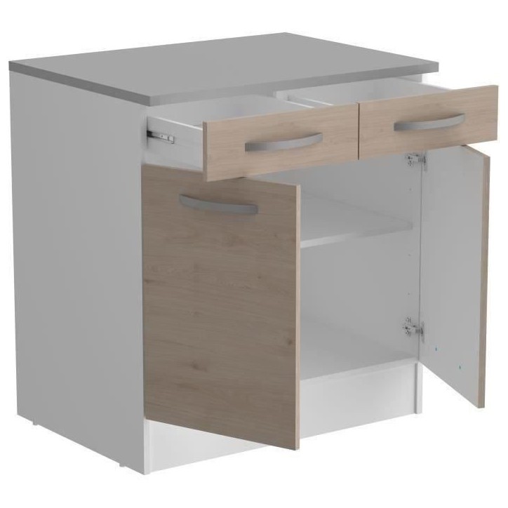 OSLO Meuble Bas 2 portes 2 tiroirs + plan - Décor Chene Jackson - L 80 x P 60 x H 86 cm