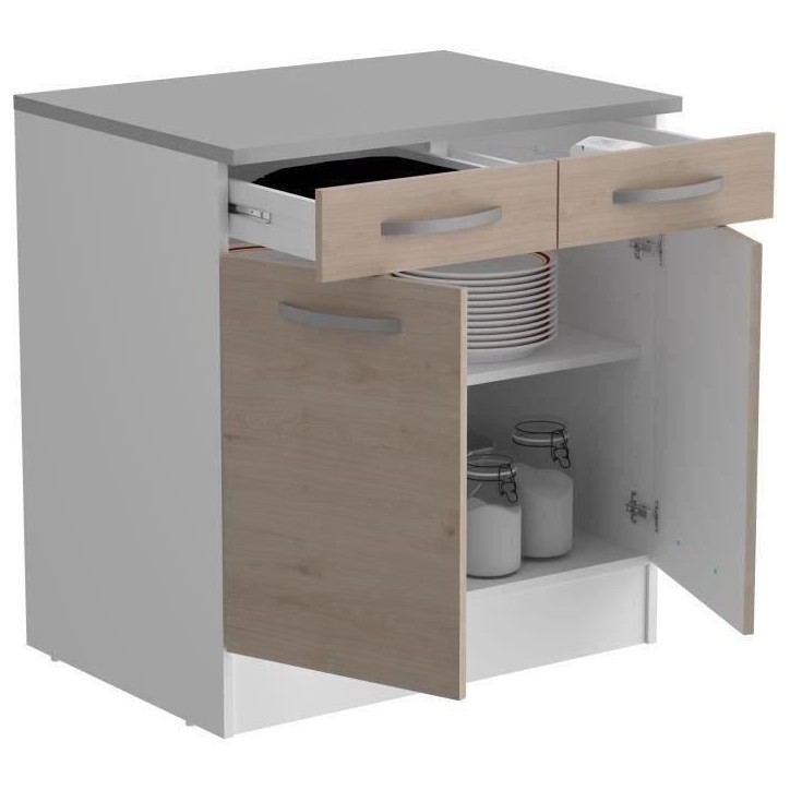 OSLO Meuble Bas 2 portes 2 tiroirs + plan - Décor Chene Jackson - L 80 x P 60 x H 86 cm