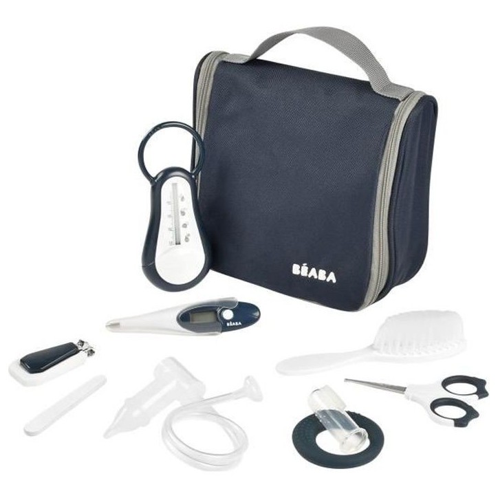 BÉABA - Trousse de Toilette Bébé - 9 Accessoires - Thermometre Bain et Digital - Anneau Dentition - Masseur de Gencives - Nig