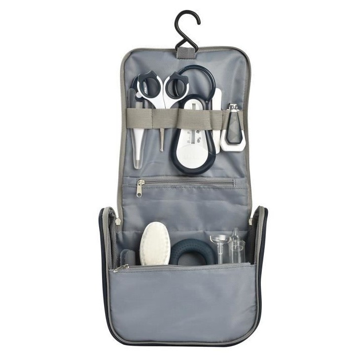 BÉABA - Trousse de Toilette Bébé - 9 Accessoires - Thermometre Bain et Digital - Anneau Dentition - Masseur de Gencives - Nig