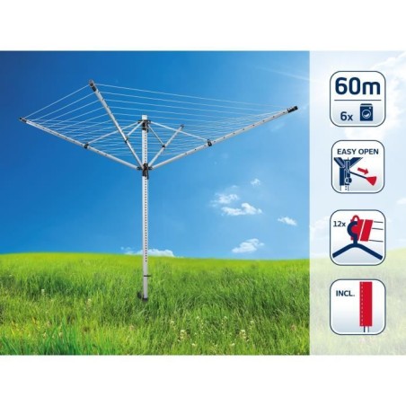 Séchoir parapluie Leifheit LinoLift 600 QuickStart 85282, étendoir jardin avec 60m d'étendage, housse et douille de fixation,