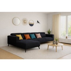 Canapé d'angle modulable - 4 places - LEONIE - Tissu Noir - Tetieres ajustables - 357 x 175 x 75 cm