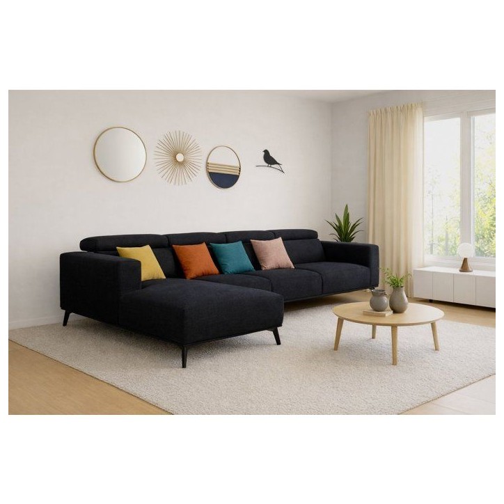 Canapé d'angle modulable - 4 places - LEONIE - Tissu Noir - Tetieres ajustables - 357 x 175 x 75 cm Canapé d'angle modulable - 4 places - LEONIE - Tissu Noir - Tetieres ajustables - 357 x 175 x 75 cm