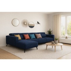Canapé d'angle modulable - 4 places - LEONIE - Tissu Bleu Chambray - Tetieres ajustables - 357 x 175 x 75 cm