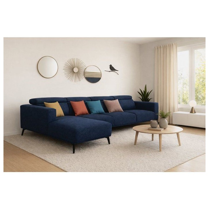 Canapé d'angle modulable - 4 places - LEONIE - Tissu Bleu Chambray - Tetieres ajustables - 357 x 175 x 75 cm Canapé d'angle modulable - 4 places - LEONIE - Tissu Bleu Chambray - Tetieres ajustables - 357 x 175 x 75 cm