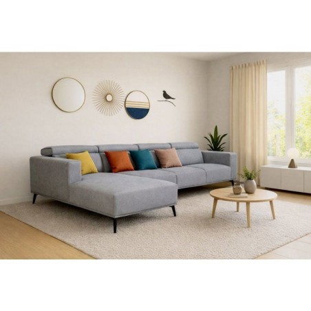 Canapé d'angle modulable - 4 places - LEONIE - Tissu Gris clair - Tetieres ajustables - 357 x 175 x 75 cm