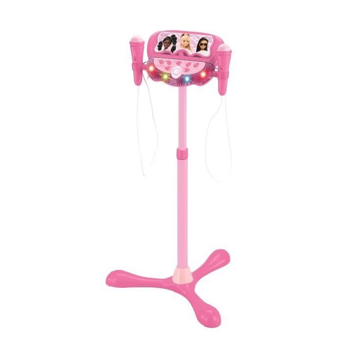 Microphone Barbie sur pied ajustable lumineux avec enceinte, 2 Micros et Effets vocaux, Enceinte Bluetooth Microphone Barbie sur pied ajustable lumineux avec enceinte, 2 Micros et Effets vocaux, Enceinte Bluetooth