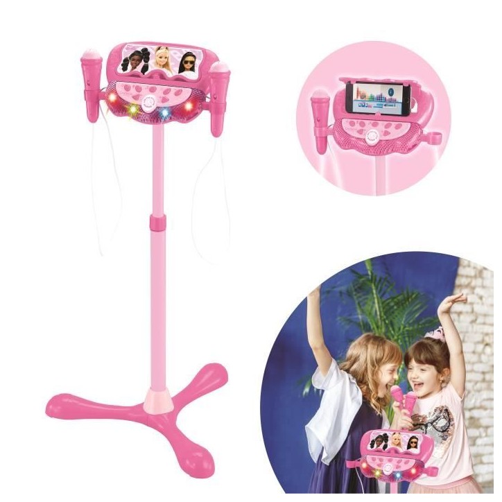Microphone Barbie sur pied ajustable lumineux avec enceinte, 2 Micros et Effets vocaux, Enceinte Bluetooth Microphone Barbie sur pied ajustable lumineux avec enceinte, 2 Micros et Effets vocaux, Enceinte Bluetooth