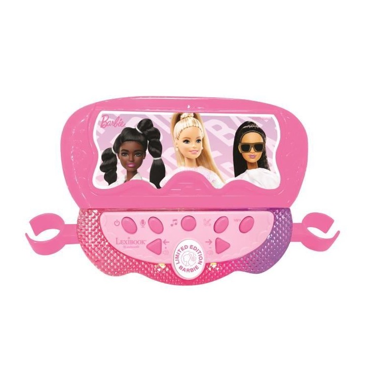 Microphone Barbie sur pied ajustable lumineux avec enceinte, 2 Micros et Effets vocaux, Enceinte Bluetooth Microphone Barbie sur pied ajustable lumineux avec enceinte, 2 Micros et Effets vocaux, Enceinte Bluetooth