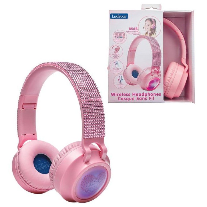 LEXIBOOK - Casque lumineux pliable Bluetooth et filaire avec un design 3D strass roses avec limitation du volume LEXIBOOK - Casque lumineux pliable Bluetooth et filaire avec un design 3D strass roses avec limitation du volume